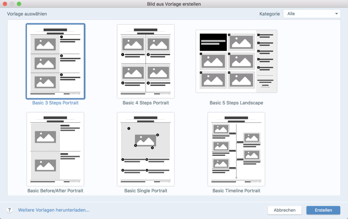 In der neuen Version sind vorgefertigte Layouts für Anleitungen in Snagit integriert. Sie helfen Nutzern dabei, schnell professionelle Anleitungen, Tutorials oder Lehrinhalten zu erstellen - Copyright TechSmith
